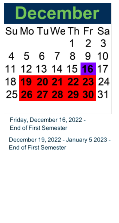 District School Academic Calendar for Bill Duncan Excel Center for December 2022