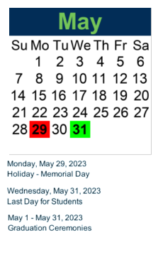 District School Academic Calendar for Hospital Homebound for May 2023