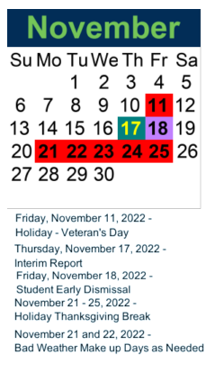 District School Academic Calendar for Shelley S. Boone Middle School for November 2022