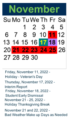 District School Academic Calendar for Wendell Watson Elementary School for November 2022