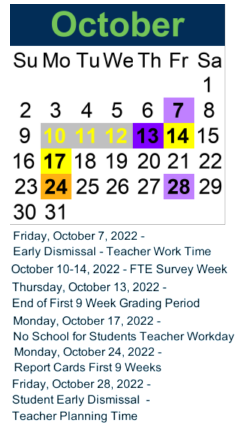 District School Academic Calendar for Doris A. Sanders Learning Center for October 2022