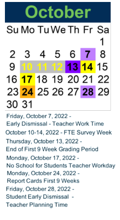 District School Academic Calendar for Ridge Community High School for October 2022