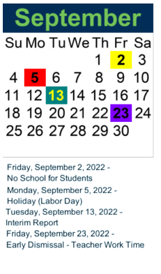 District School Academic Calendar for Ridge Career Center for September 2022