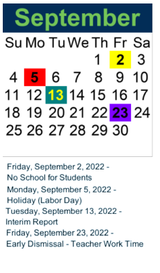 District School Academic Calendar for Lewis Anna Woodbury Elementary School for September 2022