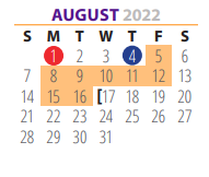 District School Academic Calendar for Pre School Ctr for August 2022