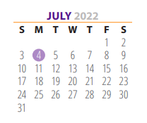 District School Academic Calendar for Pre School Ctr for July 2022