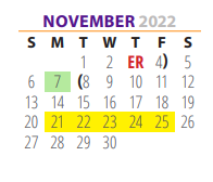 District School Academic Calendar for Pre School Ctr for November 2022