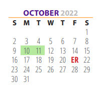 District School Academic Calendar for Pre School Ctr for October 2022