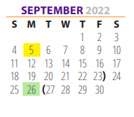 District School Academic Calendar for Pre School Ctr for September 2022