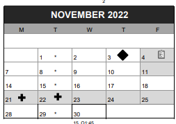 District School Academic Calendar for Lent Elementary School for November 2022