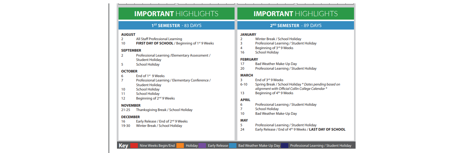 District School Academic Calendar Key for Prosper High School