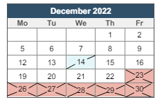 District School Academic Calendar for Academy Of Service for December 2022