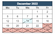 District School Academic Calendar for William B. Cooley/health And Science TECH. Academy for December 2022