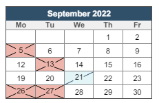 District School Academic Calendar for William B. Cooley/health And Science TECH. Academy for September 2022