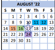 District School Academic Calendar for Trinity Elementary for August 2022