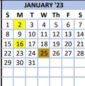 District School Academic Calendar for Valley Head Elementary School for January 2023
