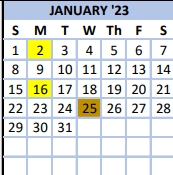 District School Academic Calendar for North Elementary School for January 2023