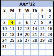 District School Academic Calendar for Coleridge Elementary for July 2022