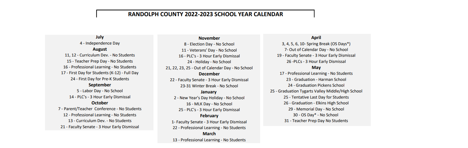 District School Academic Calendar Key for Randolph Technical Center