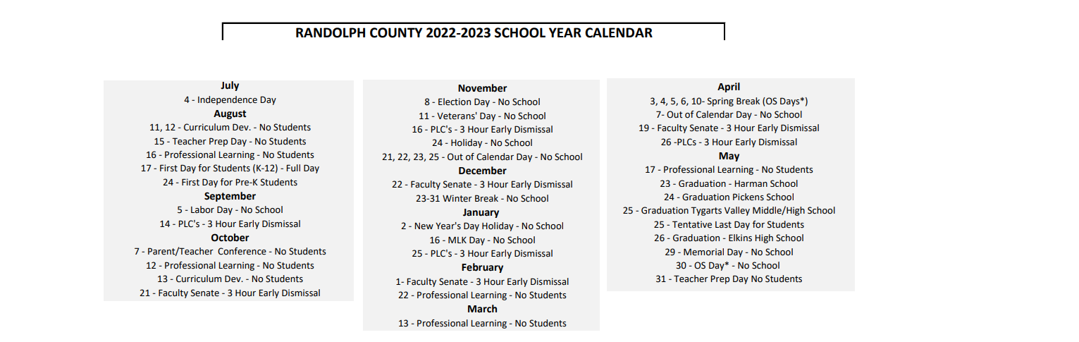 District School Academic Calendar Key for Elkins Middle School