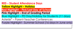 District School Academic Calendar Legend for Hayden R. Lawrence Middle School