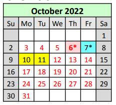 District School Academic Calendar for W.O. Hall Elementary School for October 2022