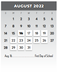 District School Academic Calendar for Math/science/tech Magnet for August 2022