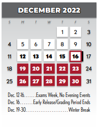 District School Academic Calendar for Westwood Junior High for December 2022