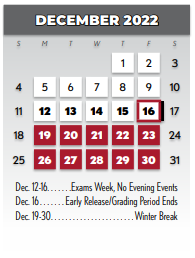 District School Academic Calendar for Lake Highlands Freshman Center for December 2022