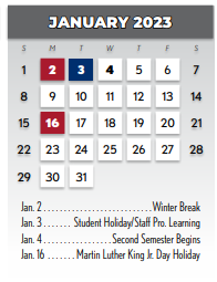 District School Academic Calendar for Lake Highlands J H for January 2023