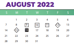 District School Academic Calendar for J P Thomas Elementary for August 2022
