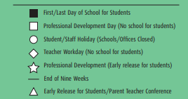 District School Academic Calendar Legend for Meadowfield Elementary