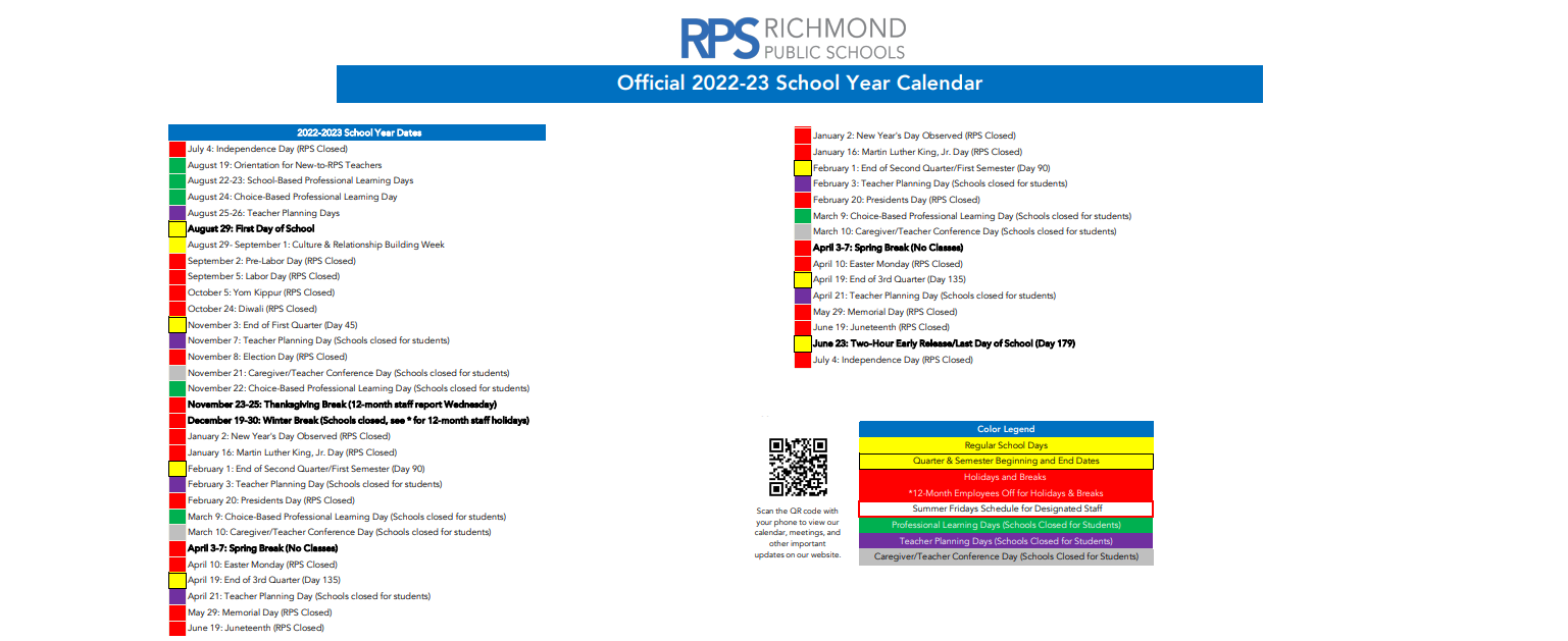 District School Academic Calendar Key for Richmond Alternative School