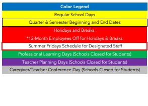 District School Academic Calendar Legend for Franklin Military Academy