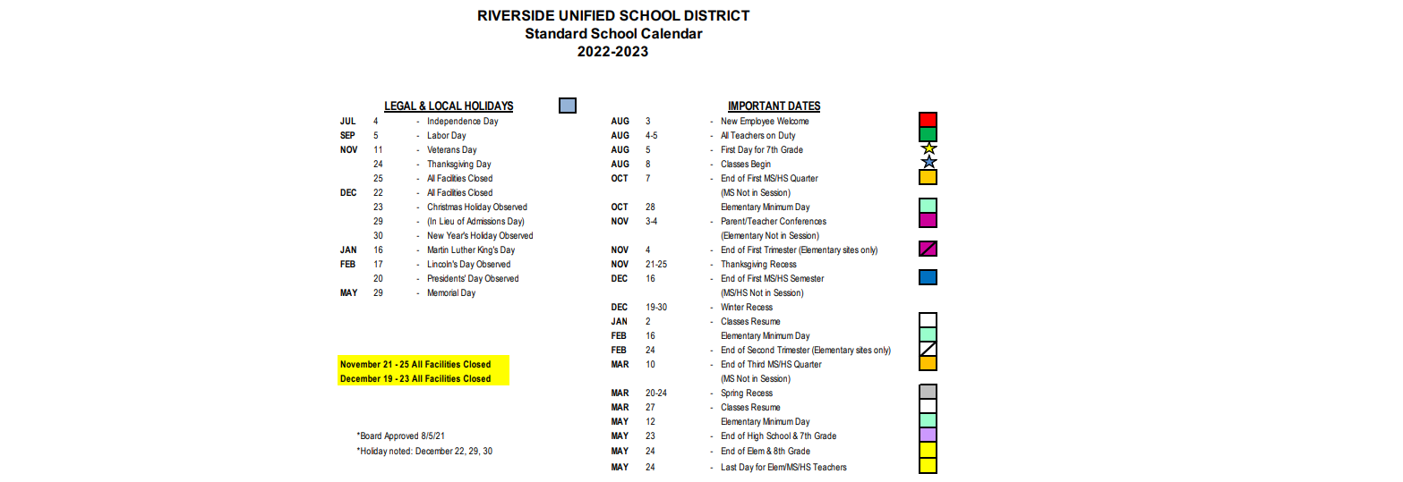 District School Academic Calendar Key for Riverside Unified Independent Study
