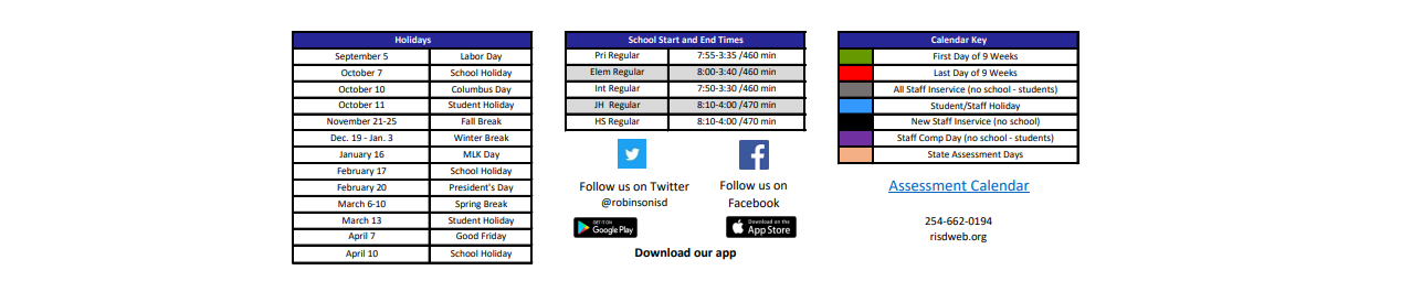 District School Academic Calendar Key for Robinson Junior High
