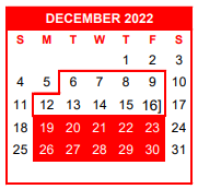 District School Academic Calendar for Nueces Co J J A E P for December 2022