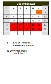 District School Academic Calendar for R K Welsh Elem School for December 2022