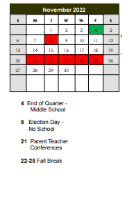 District School Academic Calendar for Barbour Two-way Lang Immersion for November 2022
