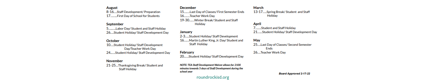 District School Academic Calendar Key for Stony Point Ninth Grade Campus
