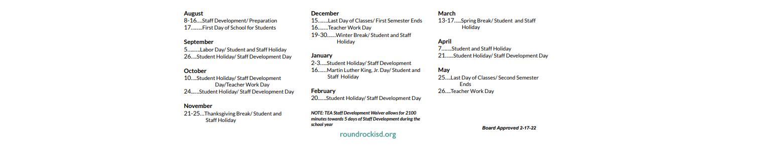 District School Academic Calendar Key for Williamson Co J J A E P