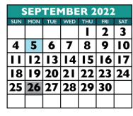 District School Academic Calendar for Williamson Co J J A E P for September 2022