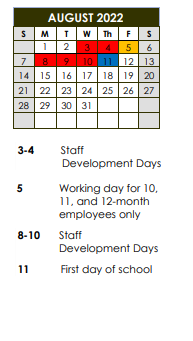 District School Academic Calendar for Washington Career & Technical Education Center for August 2022
