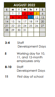 District School Academic Calendar for Plaisance Elementary School for August 2022