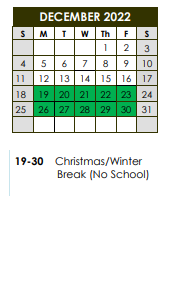 District School Academic Calendar for Magnet Academy For Cultural Arts for December 2022