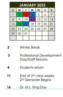 District School Academic Calendar for Melville Elementary School for January 2023