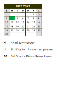 District School Academic Calendar for East Elementary School for July 2022