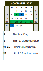 District School Academic Calendar for Washington Career & Technical Education Center for November 2022