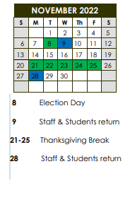 District School Academic Calendar for Beau Chene High School for November 2022