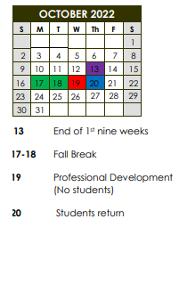 District School Academic Calendar for Melville Elementary School for October 2022